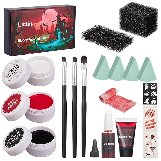 Lictin Special Effects SFX Zombie Makeup Kit, Black White Red Colors Face Body Painting Palette with Scar Wax, Fake Blood Spray & Gel, Vampire Skeleton Clown Makeup Body Paint (18PCS)