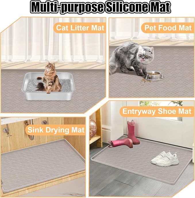 Silicone Cat Litter Mat 42" x 29" Cat Mat for Litter Box, Khaki | Extra Large Cat Litter Trapping Mat for Floor, Waterproof, Non-Slip Kitty Litter Box Mat with Raised Edge, Easy to Clean