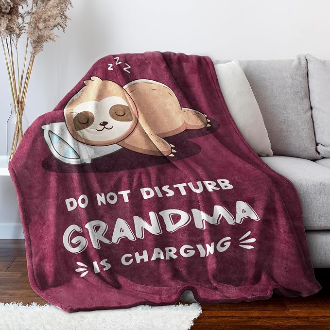 Leebbsin Funny Gifts for Grandma, Grandma Birthday Gift from Grandkids | Grandma is Charging Sloth Blanket 60" x 50" Burgundy, Grandmas Gift for Christmas Mothers Day, Soft Sloth Blanket for Grandma