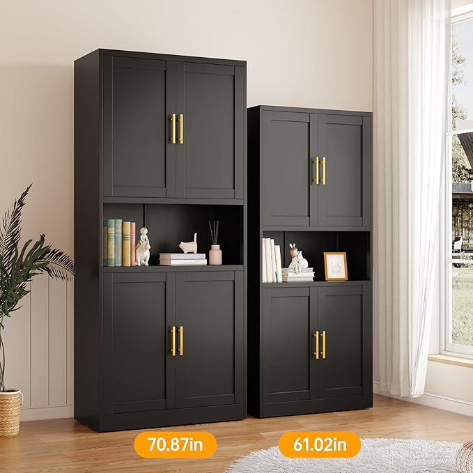 Black Metal Pantry Cabinet with 4 Doors, 2 Adjustable Shelves, 61" H Garage Storage Cabinet for for Home Office, Living Room, Dinning Room