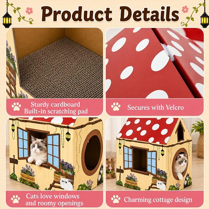 Cinrobiye Cardboard Cat House with Scratcher, Indoor Cat Condo Cat Cave Hideout with Scratch Pad, Cardboard Cat Playhouse Bed for Cats, Kittens, Rabbits & Small Pets (Mushroom)