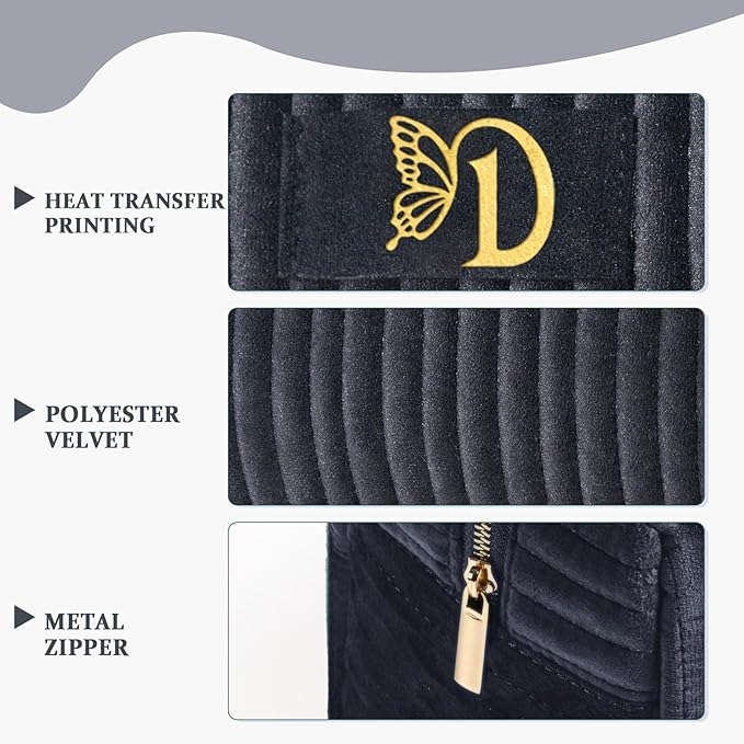COSHAYSOO Travel Makeup Bag Quilted Make Up Pouch Initial Velvet Cosmetic Case with Butterfly Decorations for Women Birthday Party Favor Supplies Cool Popular Easter Valentines Gifts Black Letter D