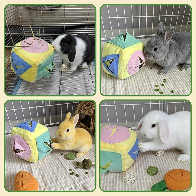 Rabbit Foraging Toy with Bell,Puzzle Feed Game Guinea Pig Fun Enrichment Toys Boredom Relief,Washable Snuffle Interactive Treat Ball Dispenser Exercise Bunny Toys for Indoor Bunnies(Yellow)