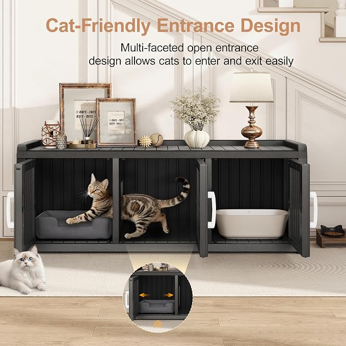 KAMABOKO Hidden Cat Litter Box Enclosure Furniture with 3 Doors & Multiple Windows, Modern Litter Box Cabinet for Large Cats, Waterproof PP Cat Furniture for Living Room