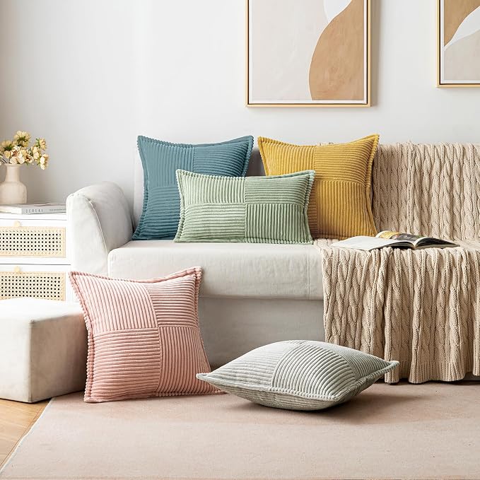 MIULEE Decorative Throw Pillow Covers for Couch 18x18 Inch Dusty Blue | 2 Pack, Boho Broadside Striped Patchwork Pillow Covers, Soft Corduroy Cushion Cases, For Sofa Bed Livingroom Home Decor