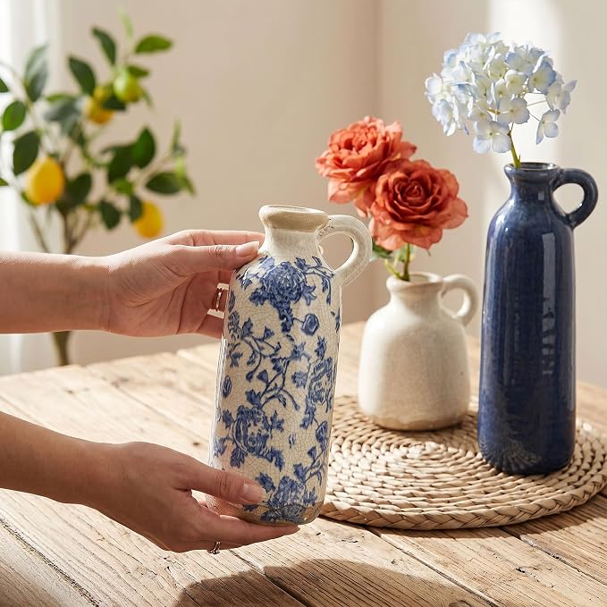 Ceramic Vase Set, 3Pcs Flower Vases for Modern Boho Farmhouse Decor, Decorative Vases for Pampas Grass & Dried Flowers, Distressed Finish