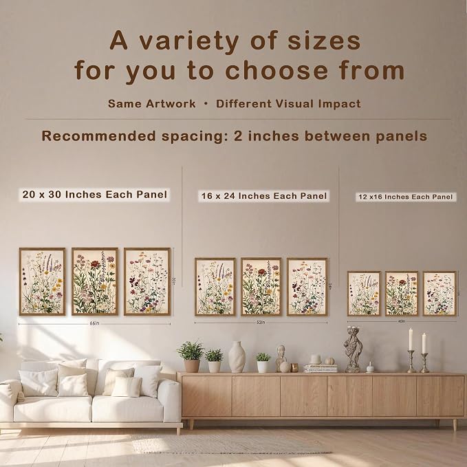 WRFON Botanical and Flower Canvas Wall Art, Framed Wildflower Wall Art Set of 3, Vintage Meadow Flower Canvas Prints, Cottagecore Floral Decor for Living Room Bedroom Bathroom Farmhouse Home, 16x24