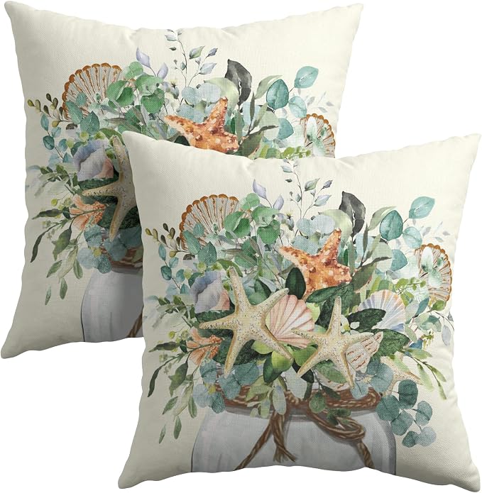 Kawani Eucalyptus Leaves Starfish Pillow Covers 22x22 in, 2 Pcs Summer Coastal Seashell Green Leaf Jar Pillowcases Cotton Linen Square Cushion Case for Couch Sofa Chair Living Room