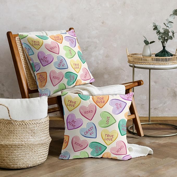 Valentine's Day Pillow Covers 18X18 Inch Set of 2 Colorful Cute Hearts Decorative Pillow Cases Candy Love Heart Anniversary Wedding Cushion Case Valentine Party Home Decor for Sofa Couch