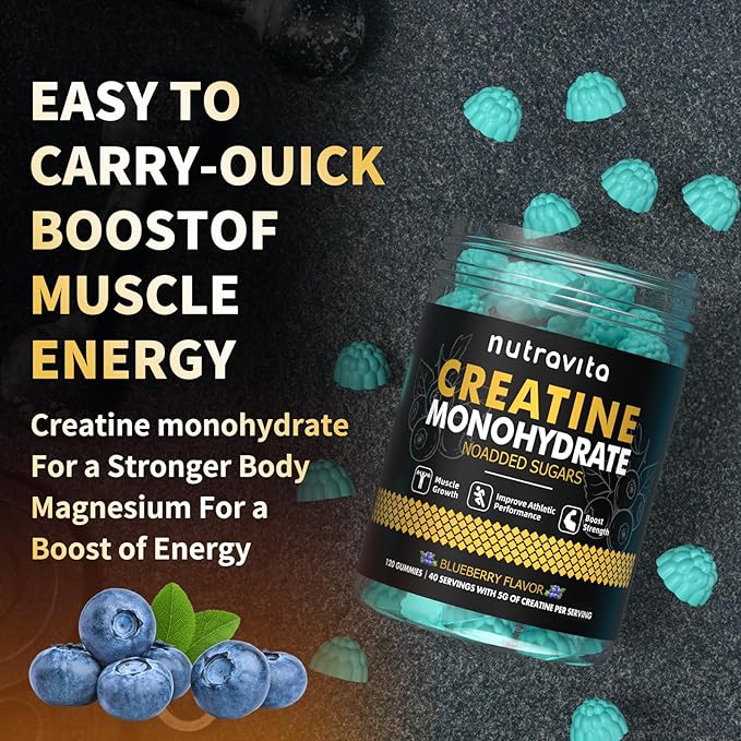 Nutravita Creatine Monohydrate Gummies for Men & Women-5g of Creatine Monohydrate per Serving - Sugar Free,Vegan, Blueberry Flavor, 120 Count