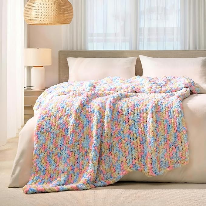 L'AGRATY Chunky Knit Throw Blanket for Couch, 60 x 80 Inches, Rainbow | Handmade Chenille Crochet Blanket for Sofa Bed, Thick Cable Knitted Blankets for Room Home Decor, Birthday Gift for Women Mom