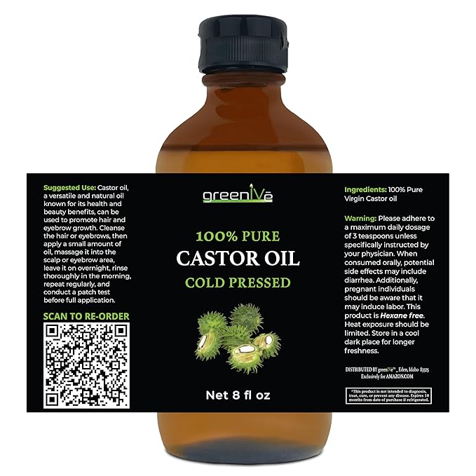GreenIVe 100% Pure Castor Oil – Cold-Pressed, Hexane-Free – Hair, Eyebrows, Eyelashes, Skin Moisturizer, Castor Pack Wrap Oil GLASS Bottle (8 Fl Oz)