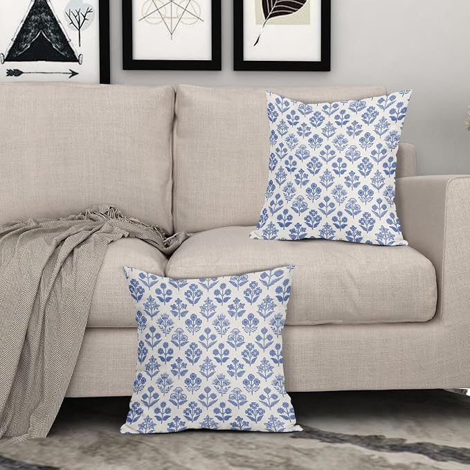 Blue Floral Block Print Pillow Covers 16x16 Inch Set of 2, Vintage Flower Decorative Throw Pillowcases for Home, Outdoors