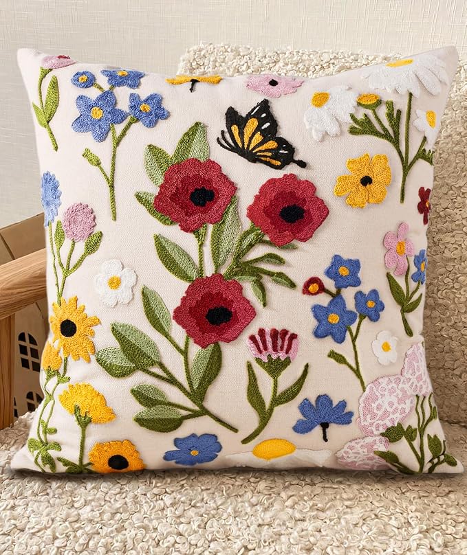 Embroidered Throw Pillow Cover 20x20 Inch, Retro Flower | Decorative Pillow Cover, Vintage Boho Cushion Case with Hidden Zipper, Floral Decor for Couch, Sofa, Living Room, Bedroom