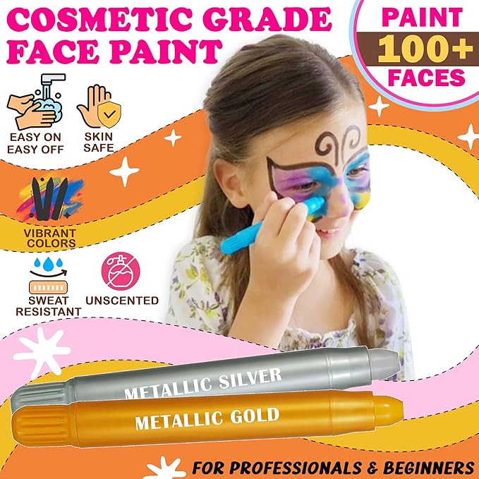 Jim&Gloria Face Paint Kit with Stencils, 12 Large Professional Face Painting Kit for Kids Party Makeup, Facepaint Washable Body Paint for Adults Skin Color Crayons, Girls Christmas Gifts, Crafts Toys