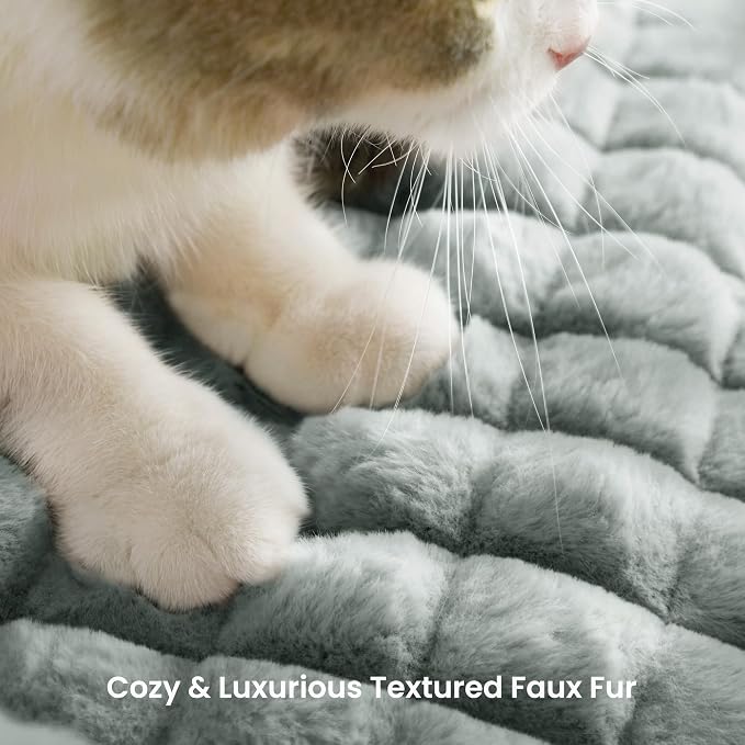 Cat Couch Bed with Fluffy Faux Rabbit Fur for Indoor Cats, 36 Inch | Cute Fuzzy Cat Sofa Recliner With Washable Cover, Suppportive Cozy Pets Couch in 3D Diamond Pattern, Grey