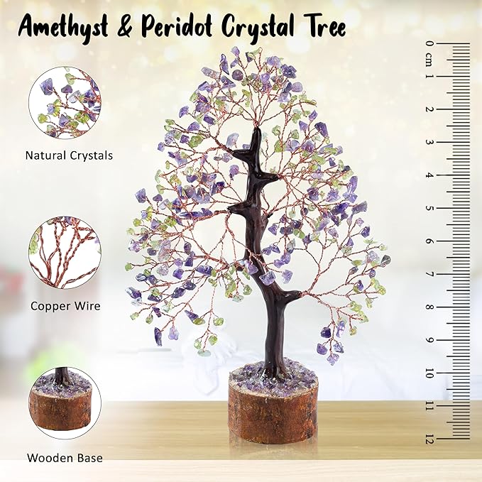 Amethyst & Peridot Crystal Tree Gemstone Tree of Life Chakra Bonsai Tree for Room, Desk & Office Decor Spiritual Gift Meditation Birthday Gift for Women Mom her Sister Housewarming Gifts Home