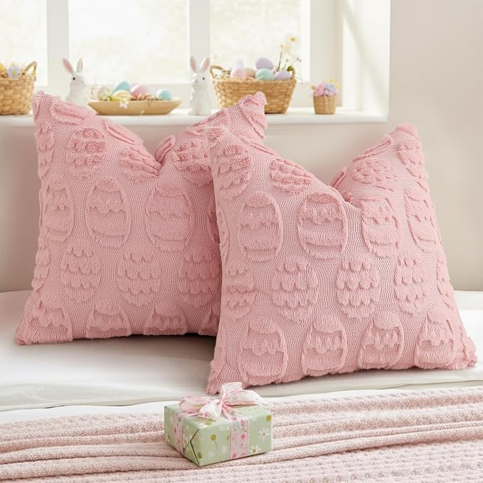 decorUhome Pink Faux Fur Egg Throw Pillow Covers 18x18 Set of 2 | Plush Soft Wool Jacquard Pink Cushion Covers, Modern Farmhouse Neutral Easter Holiday Decor Pillow Covers for Couch Sofa Bed
