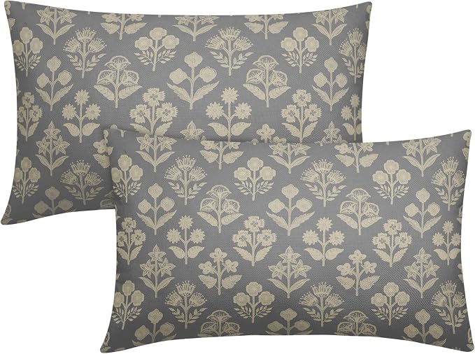 Grey Gray Pillow Covers 12x20 Inch Set of 2, Cream Floral Block Print Pattern Lumbar Decorative Throw Pillowcases Outdoor Farmhouse Rectangle Cushion Covers Spring Summer Sofa Couch Bed Decor