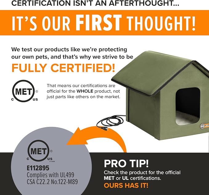 K&H Heated Cat House, Outdoor Kitty Shelter, Safety Listed, 20W, Olive