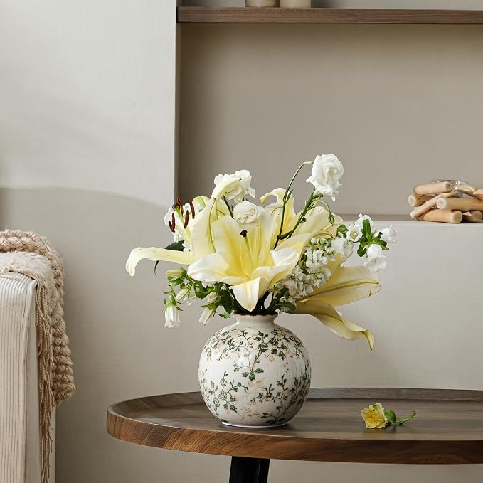 Ceramic Flower Vase for Home Decor, Vintage Green Decorative Vase 5.9 Inch | Rustic Farmhouse Floral Vase for Bookshelf, Coffee Table, Living Room, Kitchen, Mantel, Entryway, Wedding Centerpiece