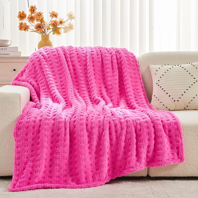 NEWCOSPLAY 3D Waffle Checkered Flannel King Blanket, Hot Pink, 90"x110" | Super Soft Cute Lightweight Decorative Premium Silky Fleece Blanket for Couch Sofa Bed, Gift for Women Men, All Season Use