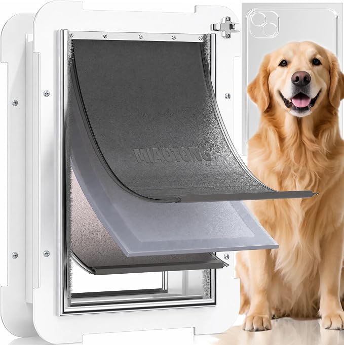 MIAOTONG 3-Flap Steel Large Dog Door for Door with Metal Sliding Lock Panel | Energy-Efficient Insulated Pet Door, Extreme Weather Doggy Door with Telescoping Tunnel, Never Rust （Pets Up to 100 Lb）