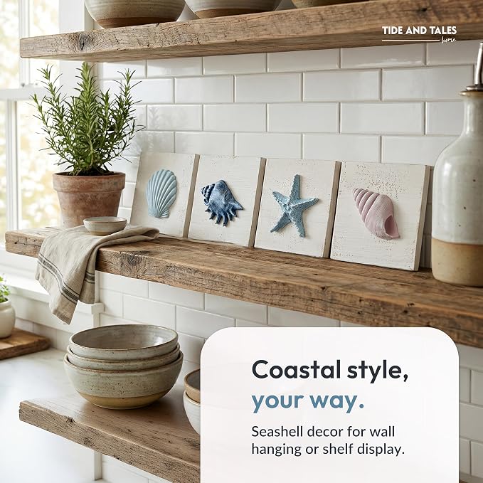 Tide and Tales 3D Seashell Wall Art, Coastal Bathroom Wall Decor, Set of 4 | 6" x 6", Textured 3D Beach Decor, Rustic Ocean Theme Decorations for Home or Beach House, Hanging Ready, Gift Boxed