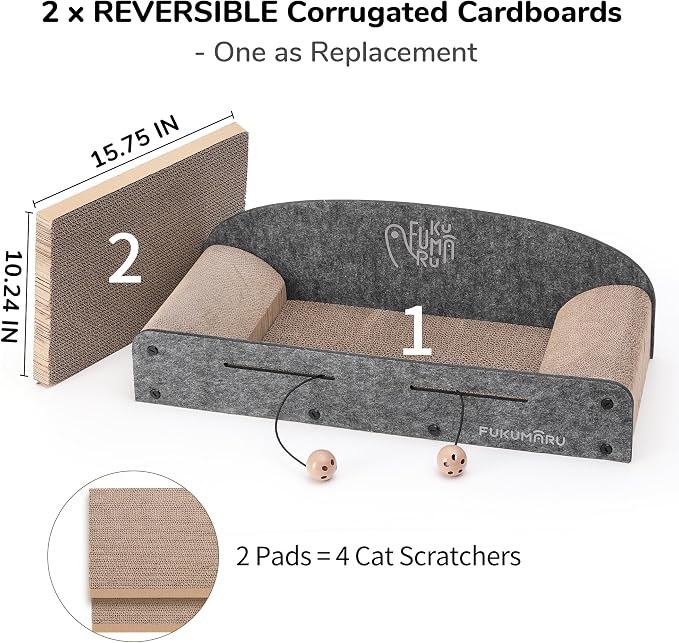FUKUMARU Large Cat Scratcher Bed, 26 Inch Cat Scratching Bed Sofa Indoor | Cardboard Cat Scratcher with 2 Reversible Scratch Pad Refills, Durable Large Cat Scratching Lounger with Ball Toy, Grey