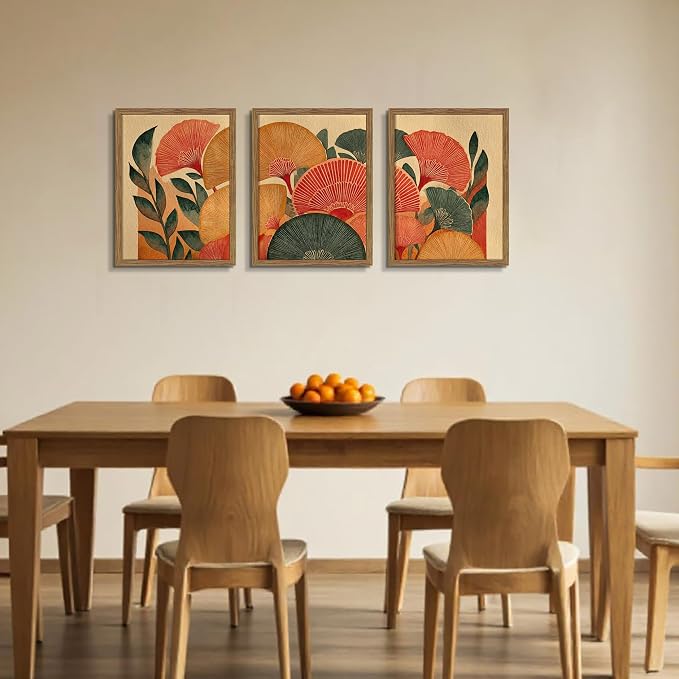 Framed Colorful Botanical Wall Art Set of 3, Vintage Ginkgo Leaves Canvas Wall Decor Paintings, Mid Century Abstract Flowers Posters Prints Pictures for Living Room Bedroom Bathroom 16x24 Inch
