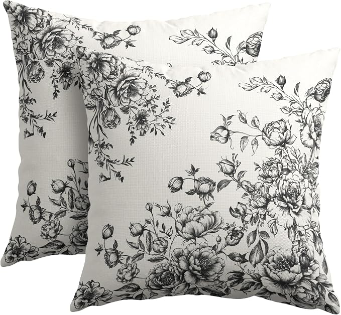 Kawani Vintage Floral Pillow Covers 18x18 Inch Set of 2 Victorian Bouquet Black Flowers Botanical Decorative Pillowcase Cotton Linen Square Cushion Case for Couch Sofa Bedroom Home Decor
