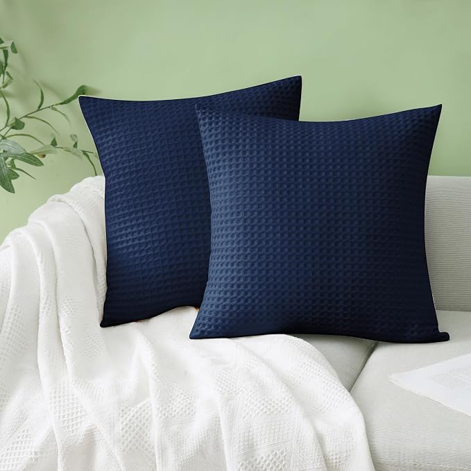 100% Egyptian Cotton 600 TC Waffle Weave Throw Pillow Covers 2 Pack | Ultra Soft Breathable Euro Pillow Shams Covers, Decorative Cushion Covers for Bed Couch Sofa Car, Navy Blue, 22" x 22"