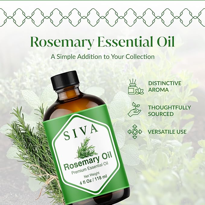 Siva Rosemary Essential Oil 4 Fl Oz – for Diffuser, Skin & Hair Care – Ideal for Massage & DIY Blends- with Dropper