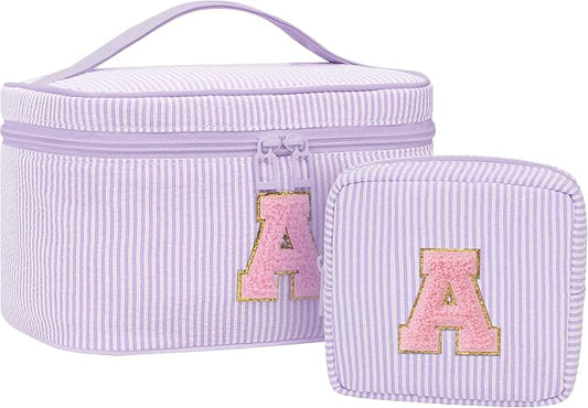 MONSTINA Initial Makeup Bag,Monogram Pouch Easter Basket Gifts for Teens,Personalized Cosmetic Bag for Girls&Women,Cute Letter Make Up Bag,Purple A