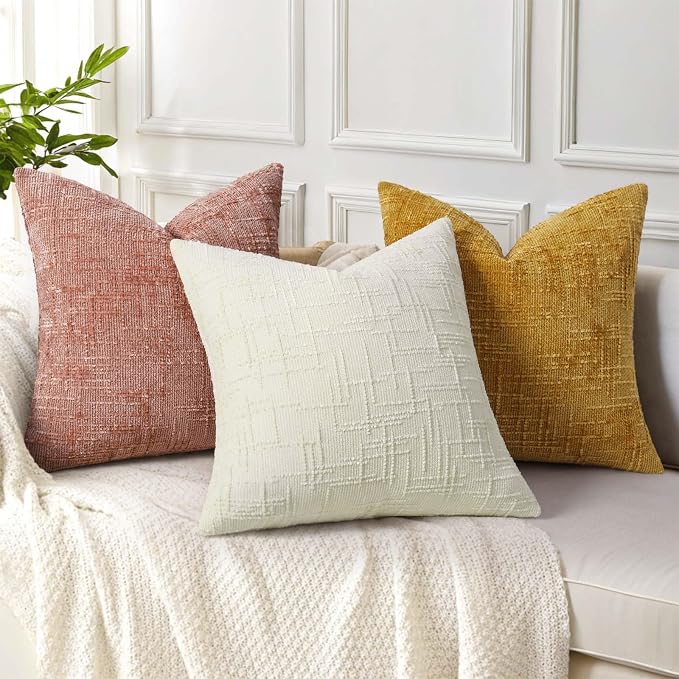 decorUhome Textured Chenille Throw Pillow Covers 16x16 Set of 2 Pink | Fall Modern Farmhouse Soft Cozy Slubby Couch Pillow Cases Boho Decorative Pillow Cases for Bed Sofa Living Room Home Decor