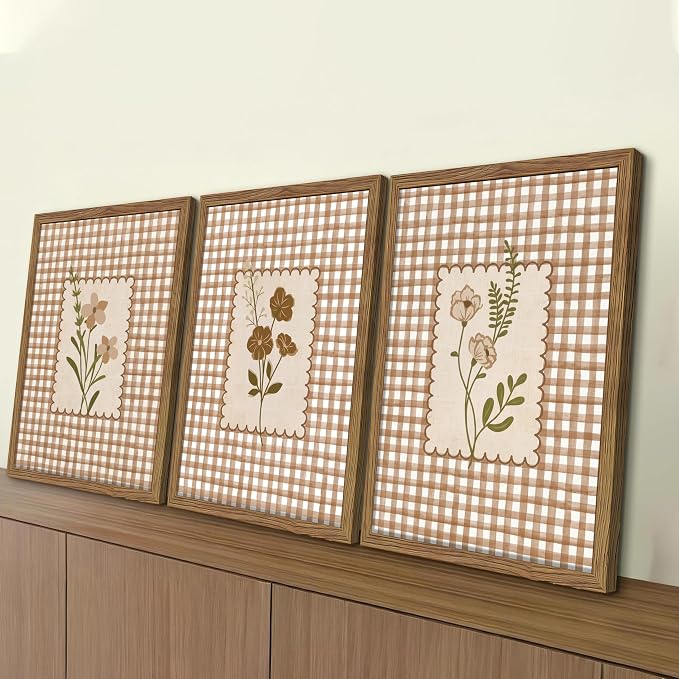Framed Vintage Floral Wall Art Set of 3, Neutral Wildflower Botanical Canvas Wall Decor Paintings, Cottagecore Gingham Flower Posters Prints Pictures for Living Room Bedroom Bathroom 12x16 Inch
