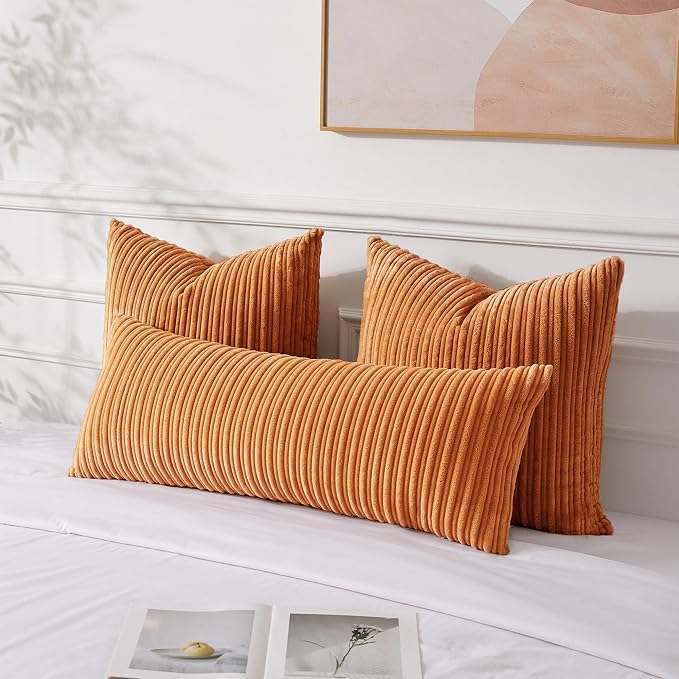 UGASA 14x36 Inch Pillow Cover Pack of 1 Soft Boho Stripe Corduroy Large Long Rectangle Lumbar Cushion Case Farmhouse Decorative Throw Pilowcase for Bed, Couch, Sofa, Bedroom, Living Room, Orange
