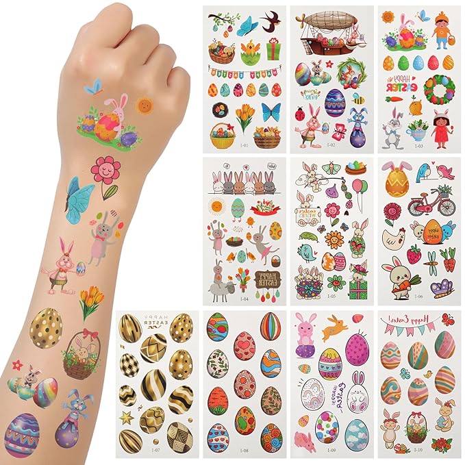 127Pcs Easter Temporary Tattoos for Kids - Non-Toxic Easter Bunny Tattoo Stickers for Face, Easter Basket Stuffers, Party Favors, Egg Hunt, Goodie Bag Fillers & Spring Festive Party Gift