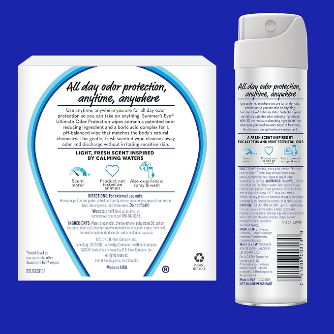 Summer's Eve Ultimate Odor Control Feminine Spray, 2 oz & Wipes with Boric Acid, 12 ct