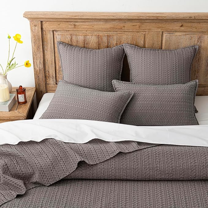 Foindtower Set of 2 Decorative Cotton Waffle Weave Throw Pillow Covers Euro Shams Cushion Covers Accent European Pillowcase for Bed Couch Sofa Bedroom Living Room Home Decor 20×20 Inch Taupe Gray