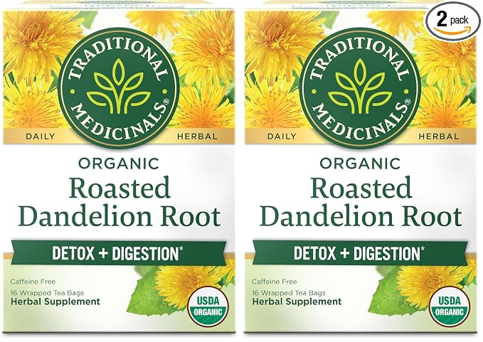 Traditional Medicinals Organic, Roasted, Dandelion Root Tea - Supports Normal Detox + Digestion - Kosher, Non-GMO, Caffeine-Free, Compostable - 16 Tea Bags, (Pack of 2)
