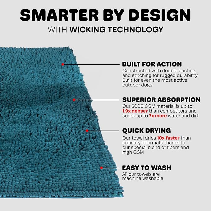 Dog Gone Smart Dirty Dog Doormat - Fast Drying Rug - Pacific Blue, 23x16 in | Super Gripper Backing for Clean Floors - Absorbent Microfiber and Machine Washable Mat for Muddy Paws