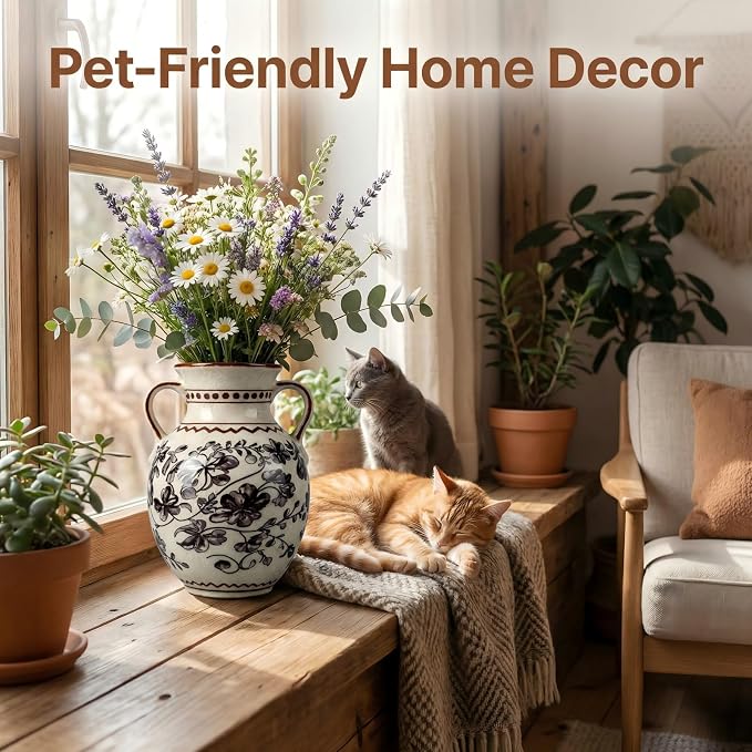 EFISPSS Ceramic Vintage Vase,Chinoiserie Rustic Farmhouse Floral Spring Decor for Home Decor Living Room Fireplace Office, Grey