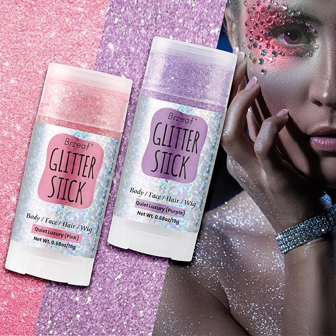 Brzeaf Pink Glitter Stick, Not Greasy & Long Lasting, Christmas Face Glitter Gel, Chunky Glitter for Face/Body/Hair/Eyes/Lip, Singer Concert Music Rave Festival, Glitter Stick Makeup for Women Men