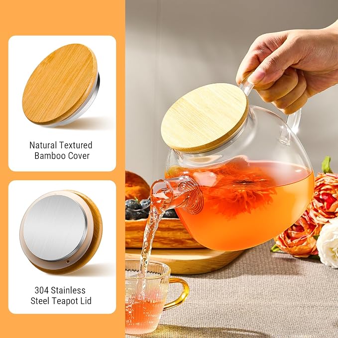 PARACITY Glass Teapot Stovetop, Borosilicate Clear Tea Kettle with Removable 18/8 Stainless Steel Infuser, Teapot Blooming and Loose Leaf Tea Maker Tea (transparent, 34oz-bamboo lid)