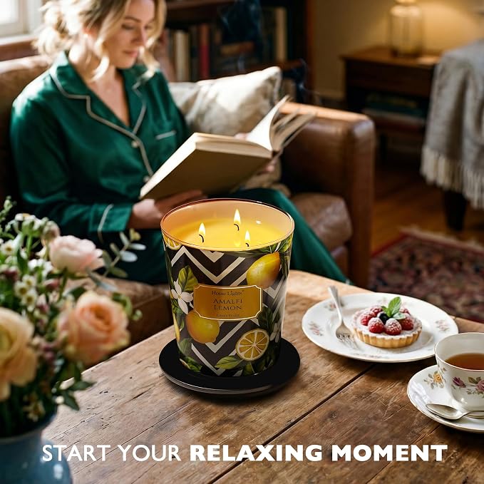 HomeLights Large jar Candle | 3-Wick Long-Lasting Scented Candles, 34oz Natural Soy Wax Candle for Home Scented, Eclectic Mixed Styles Gifts for Women & Men, Amalfi Lemon