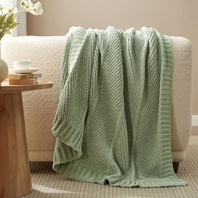Knit Throw Blanket, Soft Chenille Cozy Breathable Chevron Chunky Decorative Blanket for Couch, Bed & Sofa, French-Inspired Lightweight Warm Gift for Women, Sage Green, 50"x60"