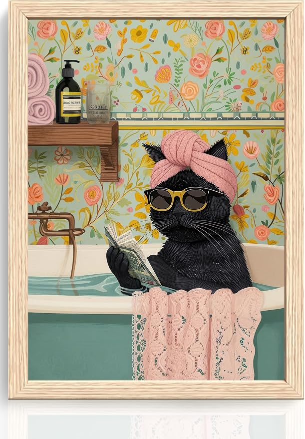 ICHZUMW Framed Funny Black Cat in Bathtub Canvas Bathroom Wall Art 12x16 In | Humorous Cat Wearing Sunglasses Reading Book, Girly Pink Dopamine Bathroom Wall Decor, Restroom Powder Room, Ready to Hang