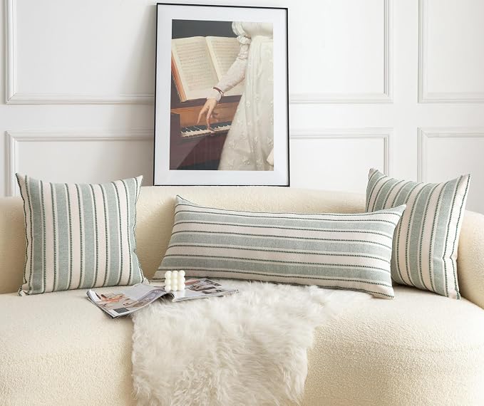 Cethom Decorative Boho Lumbar Pillow Covers, Modern Farmhouse Couch Pillowcase, 14 x 36 Long Accent Body Throw Pillow Covers, Sofa Bed Living Room Decor Cushion Case, Green and Beige, Pack of 1