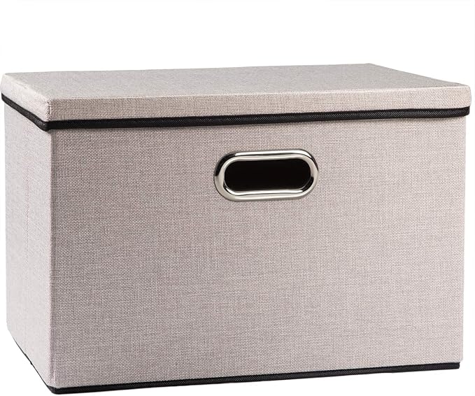 Large Foldable Storage Bin with Lid [1-Pack] Linen Fabric Decorative Storage Box Organizer Container Basket Cube with Handles Divider for Closet Office Living Room Light Grey(17.7x11.8x11.8)